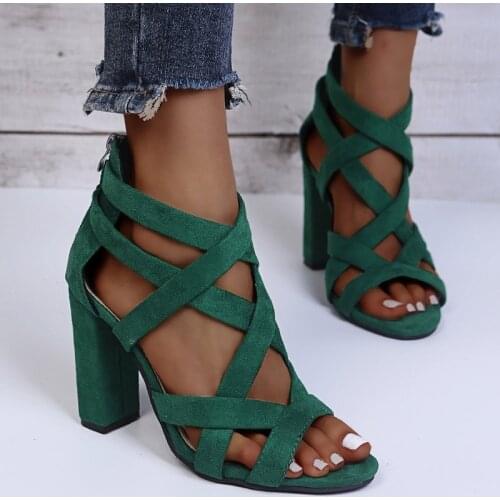 Women Pumps Sandals Summer Open Toe High Heels Low Block Heel Shoes Gladiator Zipper Thick With Sandals Wedges 2021 Mules Shoes