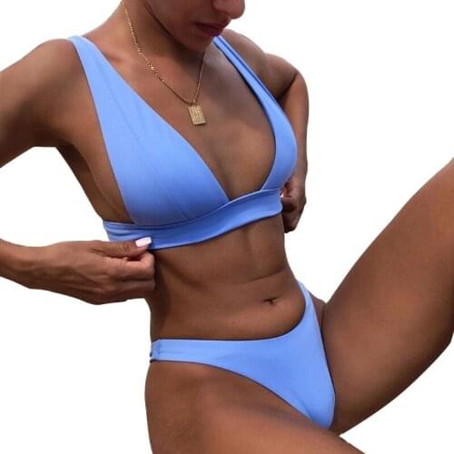 Women Sexy 2 Pieces Bikini Set Plunge Deep V-Neck Triangle Cup Push Up Swimsuit Low Waist Thong Solid Color Bathing Suit
