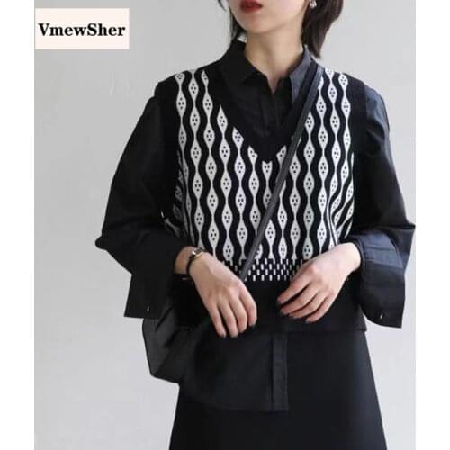 VmewSher Elegant Autumn Spring Argyle Women Sweater Vest Wavy Line Vintage Sleeveless Pullover V Neck Knit Jumper Top Waistcoat