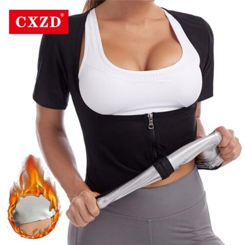 CXZD 2021 Hot Body Shaper ion coating Short sleeve Corset Control Tummy Weight Loss Fat Burning Sweat Sauna Zip T-Shirts Workout