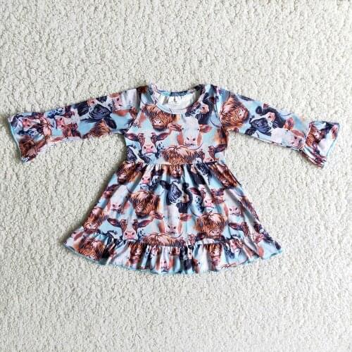 Fashion Cow Print For Kids Long Sleeve Dress Baby Girls Cute O-Neck Design Frocks With Ruffle Side
