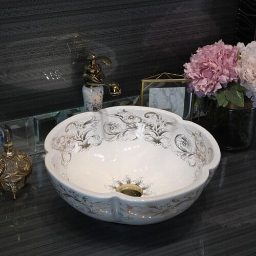 Europe style chinese Jingdezhen Art Counter Top ceramic decorative bathroom basin flower shape white