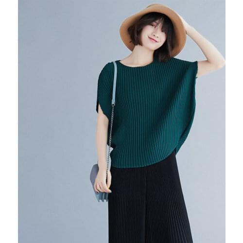 Summer Pleated Loose T-shirt Women Solid Color Casual Batwing Sleeve Tees Top Vintage Elegant Lady Work Short-sleeved T-shirt