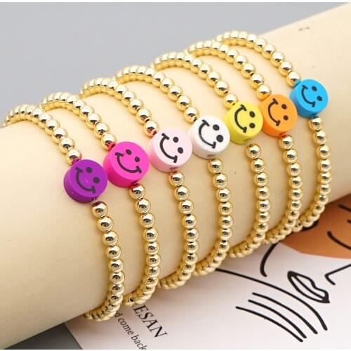 Go2Boho Smiley Face Bracelet For Women Smile Charm Bracelets Summer Fashion Jewelry Golden Beaded Elastics Rope Cute Braclet