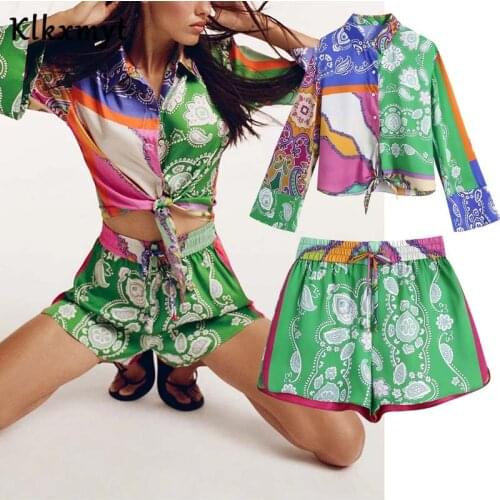 Klkxmyt Za 2021 Women 2 Piece Set Summer Fashion Print Bow Knot Summer Short Beach Blouse Outfit+High Waisted Casual Shorts Set