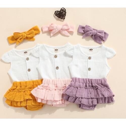 3 Colors Baby Girls Summer Cotton Linen Clothes Sets 3pcs Short Sleeve Button Shirts Tops+Layered Tutu Shorts Skirts+Headband