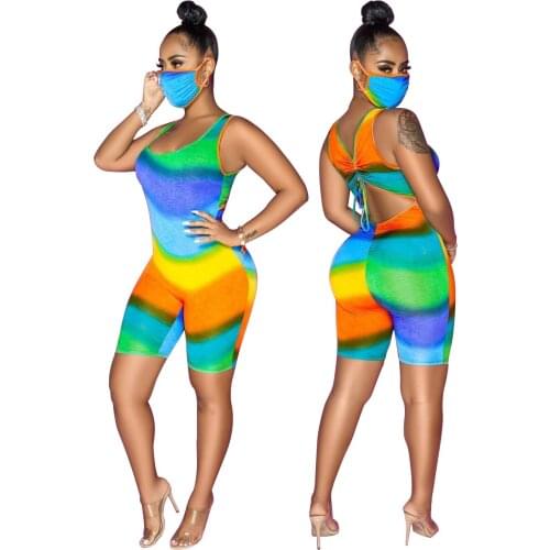 Backless Tank Short Playsuit Drawstring Sexy Back Women Multi-color Printed Skinny Jumpsuit Sexy Summer Bodysuits Rompers Shorts