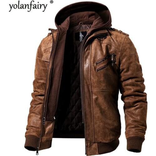 Leather Jacket Men Vintage Genuine Leather Jacket Hooded Motorcycle Mens Leather Jacket Jaqueta Masculino Couro FM2016-95 YY764