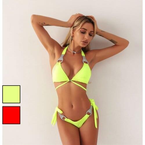 2021 Womens Rhinestone Bikini Red/Yellow Crystal Swimming Suit Bandage Brazilian Swimwear Diamond Beachwear Gay Sexy Gem Biquin