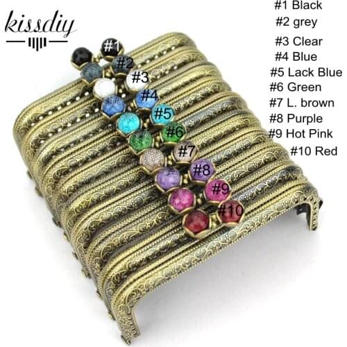 KISSDIY 10PCS 10.5CM Colorful Crystal Bead Metal Purse Frame Square Antique Bronze Coin Bag Frames Vintage