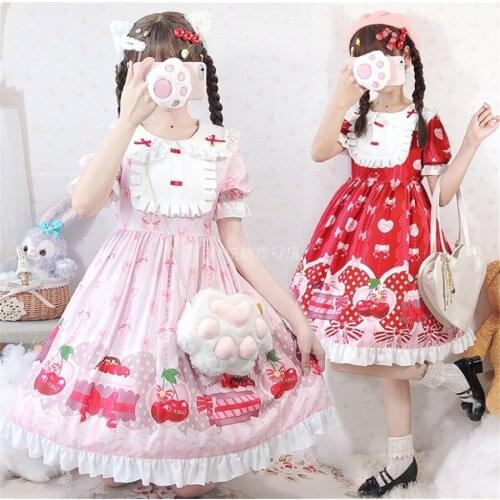 Summer JSK Sweet Strawberry Lolita Dress Pink Red Doll Collar Girl Lolita OP Dress D454