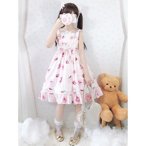 Sweet princess lolita strap dress vintage palace falbala high waist printing victorian dress kawaii girl gothic lolita cos loli