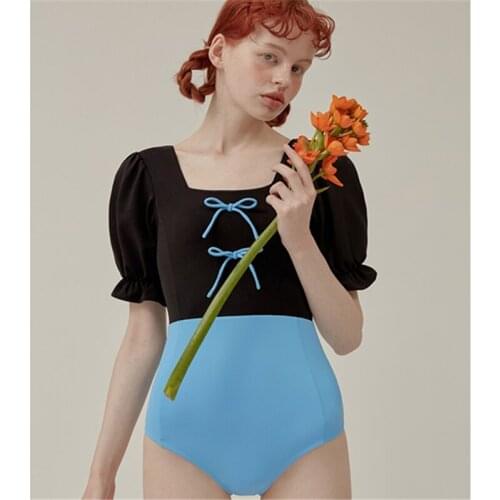 Girls' Cute One Piece Swimsuit New Short Puff Sleeve Open Back Swimwear Korean Style Front Bow Student Beachwear with Pads M-XL