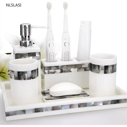 Black Shell Series Resin Bathroom Accessories Set Home Decor Gargle Cup Soap Dispenser Toothbrush Holder Soap Dish Tray Ornament