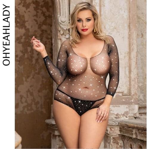 Ohyeahlady Long Sleeve Bodycon Bodysuits Fishnet Sexy Women Body Renda Off-shoulder Fancy Transparent Sparkle Rhinestone RJ80877