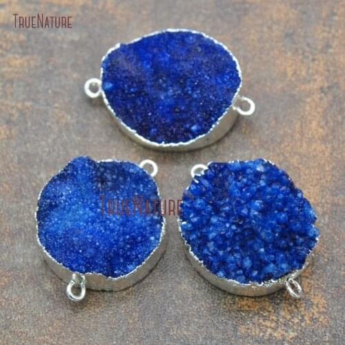 Wholesale Blue Color Druzy Crystal Silver Electroplated Double Bail Connectors Near Round Tiny Charm Approx 25 mm PC11203