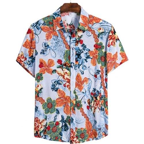 Beach Shirt Floral Print Breathable Men Short Sleeve Turndown Collar Top for Beach