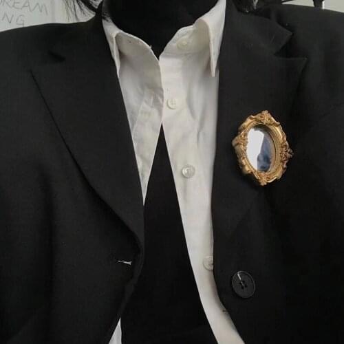 Rongho Baroque Metal Carving Frame Mirror Brooches for Women Vintage Jewelry Crystal Oval Pins Femme Brooch