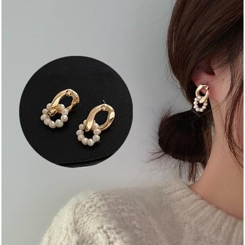 XIALUOKE S925 Needle Fashion Vintage Geometric Metal Chain Freshwater Pearls Stud Earring For Women New Jewelry Accessories ER58