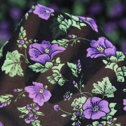 Black background purple print 75D Chiffon print fabric small rag fresh floral skirt summer dress fabric