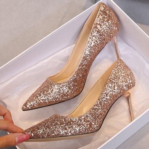 Bling bling pointed toe high heels shoes woman metal thin heels pumps ladies shiny gold/silver glitter wedding party shoes NS49