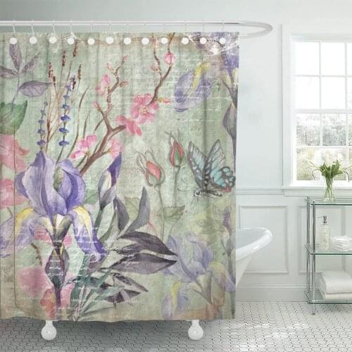 Watercolor Flower Floral Vintage Garden Birds Butterfly Drawing Graphic Shower Curtain Waterproof 60 x 72 inches Set with Hooks