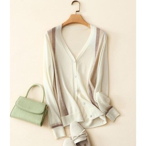 Spring fashion casual womens v neck cardigan knitted high quality 100% worsted cashmere cardigan female