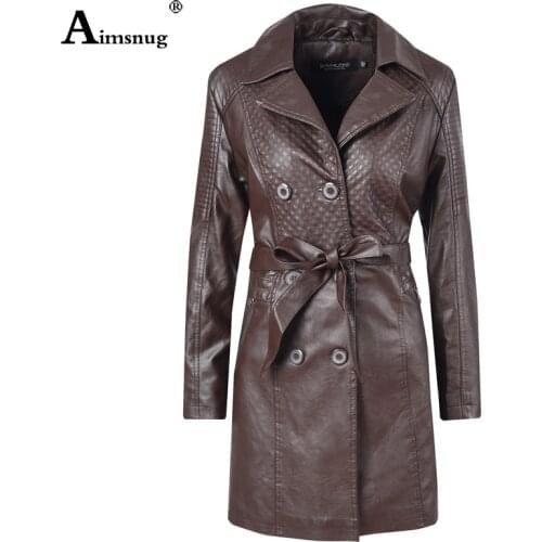 Office Lady Elegant Leisure PU Leather Jacket Women Fashion Belt Slim Long Coat Turn-down Collar Autumn Winter Tunic Outerwear
