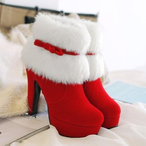 Womens Ankle Boots Christmas High Heels Platform Shoes Winter Warm Fur Short Boots Red Black Ladies Party Shoes
