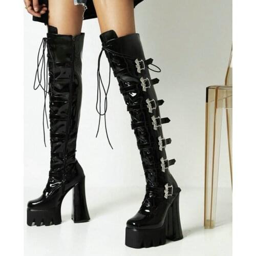 Punk Style Platform Women Boots Square High Heel Over The Knee Boots Patent Leather Zipper Ladies Motorcycle Boots Autumn Winter