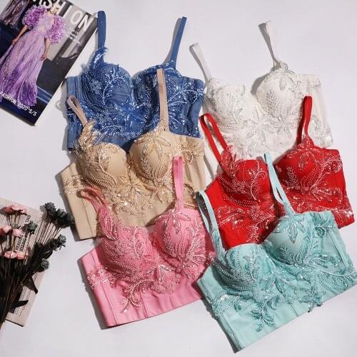 2021 New Luxury Camisole Women Beading Embroidery Sexy Backless Cropped Top Gathered Push Up Bustier Bra Underwear Tank Tops