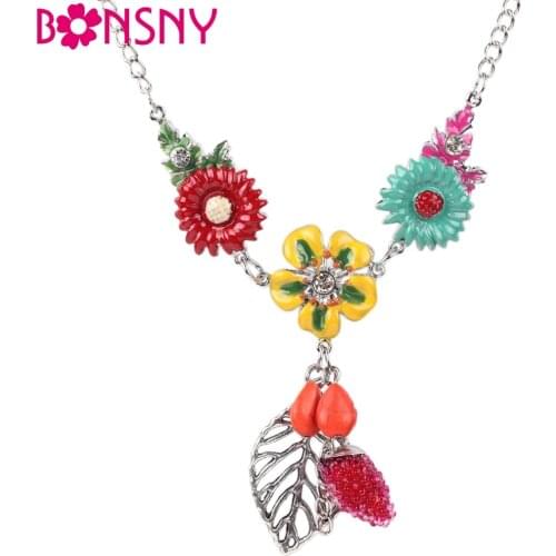 Bonsny Statement Enamel Alloy Flower Leaf Necklace Long Chain Pendants 2016 New Jewelry For Women Charm Collares Accessories