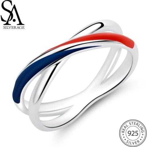 SA SILVERAGE 925 Sterling Silver Wedding Rings for Women Silver Blue/Red Stripe Rings for Women Fine Jewelry Trendy Bridal Sets