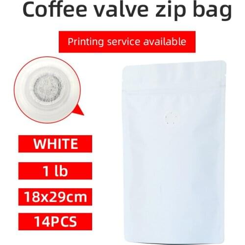 14pcs 1pound 500g matte white coffee bean pouch one side degassing valve coffee bag white stand up zip bag