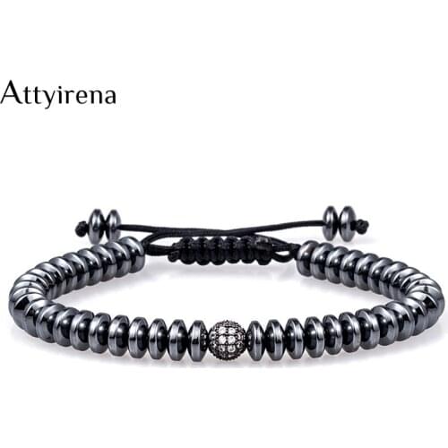 2018 New Men Bracelet Disc Shape Hematite Stone Cool Bracelet Handmade Friendship Bracelets Mens 6MM CZ Beads Brangle Jewelry