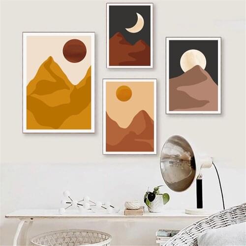 Abstract Mountain Desert Landscape Wall Painting Sun And Moon Boho Canvas Poster Minimalist Wall Art Print Pictures Home Decor