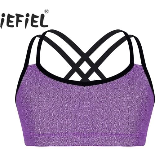 Kids Girls Dancing Top Glittery Metallic Double Shoulder Straps Crop Top for Ballet Dance Gymnastics Ballerina Stage Performance