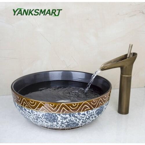 YANKSMART Bathroom Retro Blue & White Porcelain Ceramic Bowl Sink Vessel Basin With Brass Waterfall Faucet Set Deck Mounted Tap