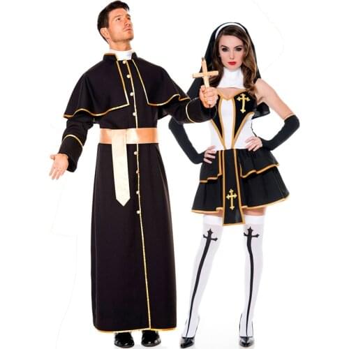 4 Pcs Women Men Cosplay Costume Couple Wear Halloween Carnival Party Sexy Nun Robes Priest Dress Robe Set Adult Dancing Party