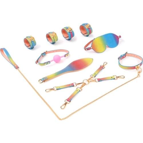 High Quality Rainbow Level A PU Leather Bondage SM Set Handcuffs Slave Collar Gag Blindfold Sex Toy For Couples Adults Game