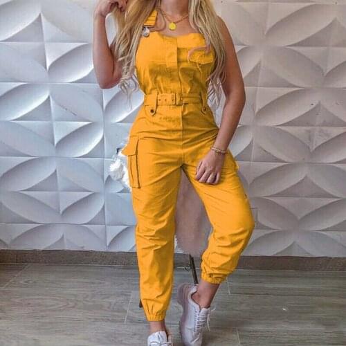 Hirigin 2021 New Fashion Women Solid Color Jumpsuit with Waistband Square Collar Sleeveless Overalls S-XXXL