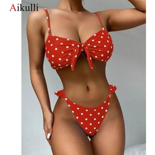 2021 New Retro Polka Dot Bikinis Swimsuits Women Sexy Knotted On The Chest Beach Bikini Set Summer Female Swim Bathing Suits Red