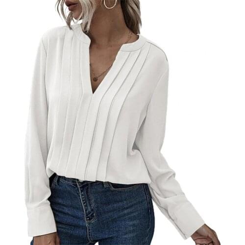 Solid Color Womens Pleated Shirt Long Sleeve V-neck Loose Shirt for Office Blusa Feminina