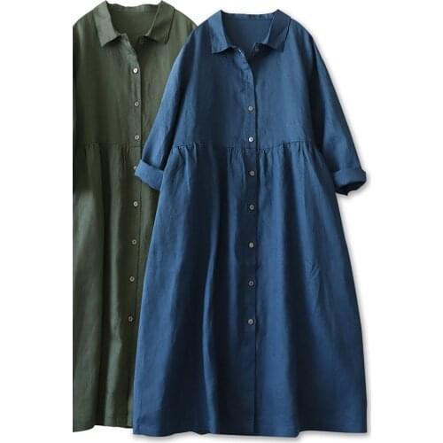 Pure linen dress lapel open dress 2020 Autumn new artistic cotton and linen womens dress 289