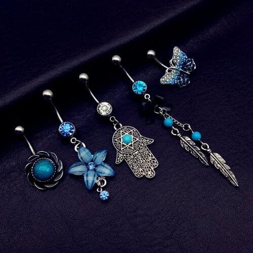 5pcs 2019 mix style vintage butterfly palm hand flower dangle navel belly bar button rings body piercing jewelry