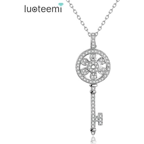 LUOTEEMI Brand Luxury White Gold-Color Clear Cubic Zirconia Micro Paved Pendant Long Key Necklace for Fashion Women