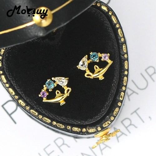 MoBuy Genuine 925 Silver Stud Earring For Women Natural Blue Topaz Fairy Tale Magic Lamp 14K Gold Plated Fine Jewelry MBEI130