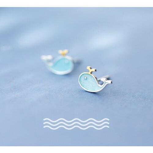 Cute 9mm*6mm Real. 925 Sterling Silver Blue Whale Ear Stud Earrings Ear-Bone Jewelry C-E6805