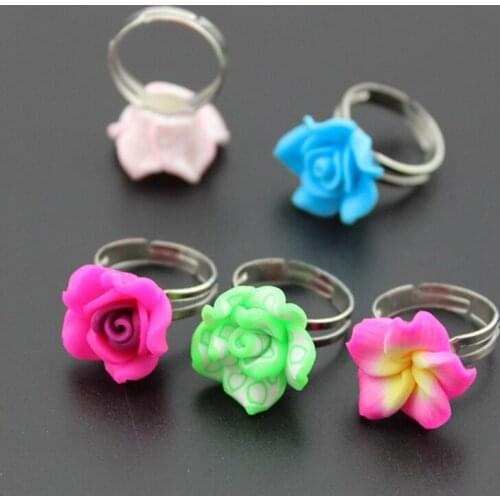 Mixed Color Cute Flower Design Adjustable Polymer Clay Rings Childrens Gift 50pcs Wholesale
