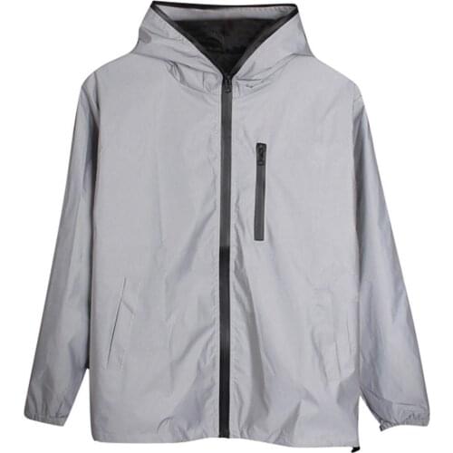 Unisex Long Sleeved Reflective Jacket Windbreaker Jackets Hooded Hip-hop Streetwear Night Shiny Zipper Coats for Men Women